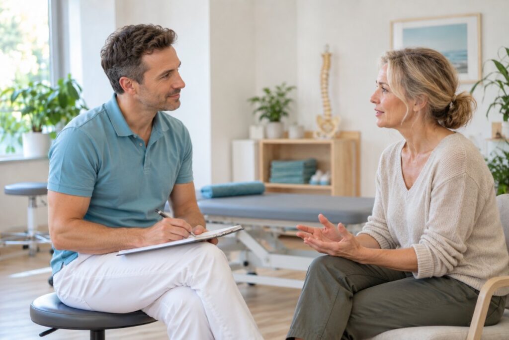Osteopath im Anamnesegespräch mit neuer Patientin
